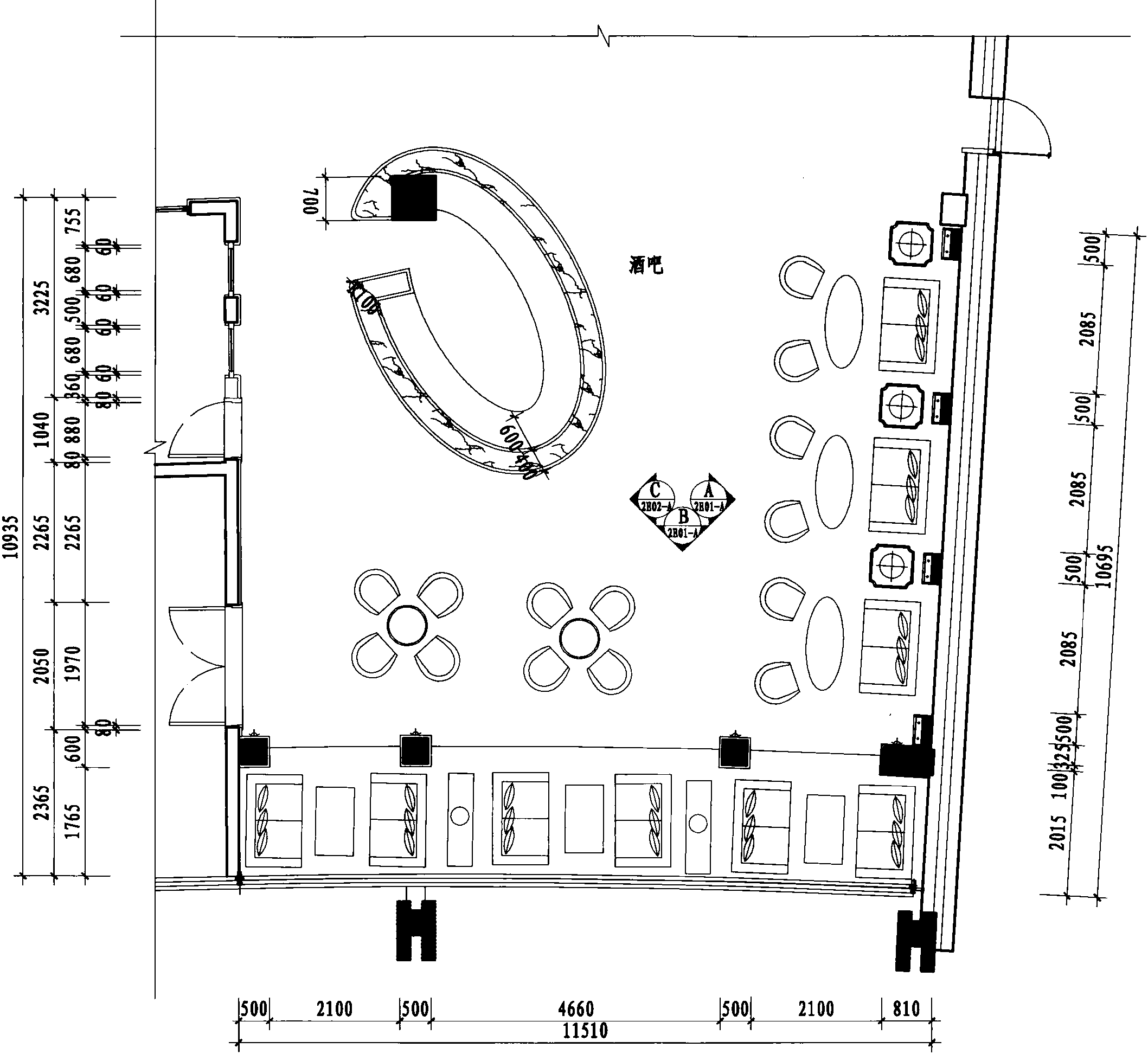 二层酒吧平面布置图 1:100